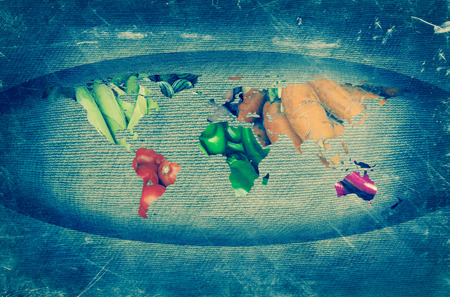 World map collage of lots of popular fruits and vegetablesの写真素材