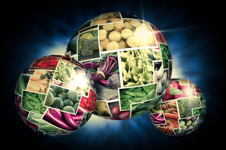 Variety of popular farmers market fruits and vegetables in produce collage globe