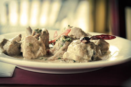 Indian Mughlai chicken with sliced vegetables and spicy pepperの写真素材