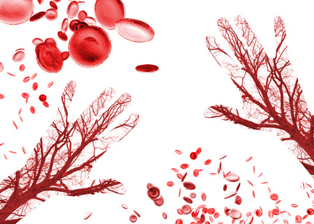 Close up human blood vessels in male hand with blood cells in backgroundの写真素材