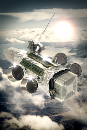 Homemade solar powered spaceship satellite in orbit around earth