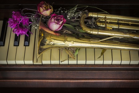 Old and worn Jazz trumpet and piano with dried flowersの写真素材