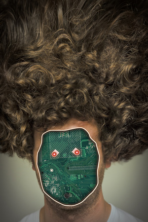 Human cyborg robot with anonymous circuit board face