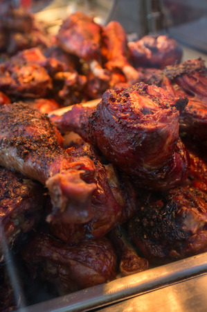Crispy and juicy barbecue turkey legs on catering platterの写真素材