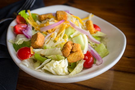Deliscous fresh organic house salad with croutonsの写真素材