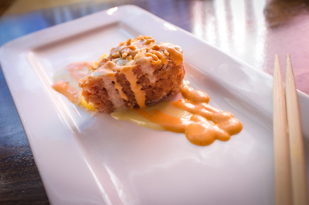 Crispy Japanese tuna tartar tempura with spicy mayonnaiseの写真素材