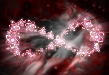 Atom particles make up shape of infinity symbol, 3D illustration