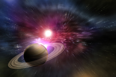 Saturn planet solar system with stars in 3D illustration backgroundの写真素材