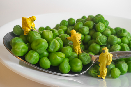 Miniature figurine hazmat team inspection of gmo foodの写真素材