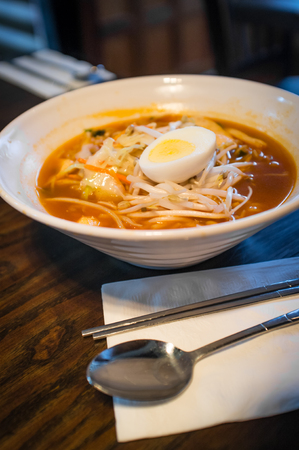 Spicy Korean ramen with mung bean sprouts and hard boiled egg