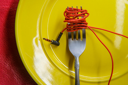 Red headphone wire wrapped around a fork on a plate like spaghetti as music consumption metaphor