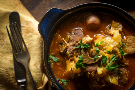 Polish hunters stew known as Bigos with pork loin sausage and lamb neckの写真素材