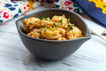 Creole bowl of seafood Jambalaya with shrimp and riceの写真素材