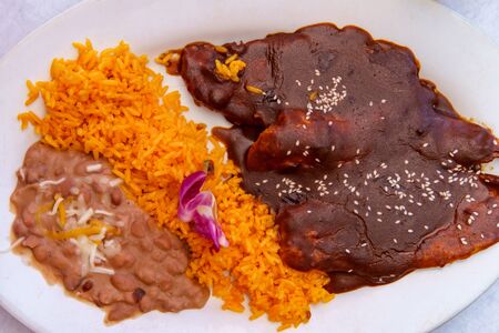 Mexican mole poblano chicken with rice and refried pinto beansの写真素材