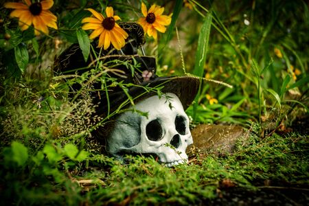 Scary jawless Halloween skull wearing old distressed top hatの写真素材