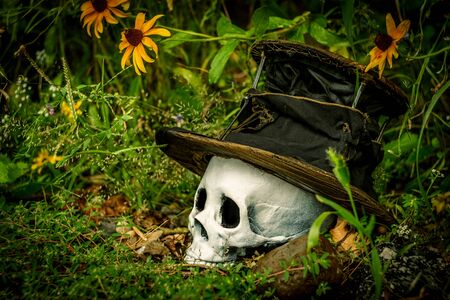 Scary jawless Halloween skull wearing old distressed top hatの写真素材