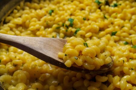 Delicious macaroni and cheddar cheese cellentani pasta cooking on kitchen stove