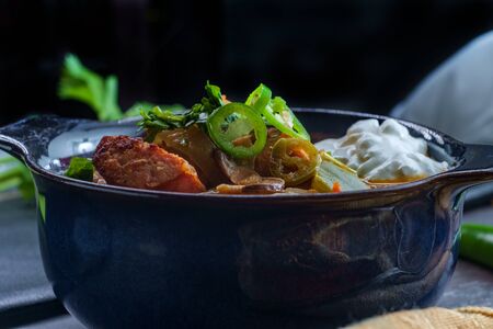 Hungarian black garlic soup with lentils and kielbasa sausageの写真素材