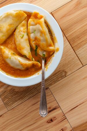 Nepalese Momo jhol achar dumpling soup in spicy tomato chutneyの写真素材