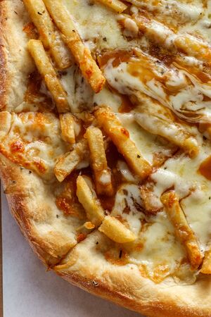 New York style specialty pizza pie with disco fries in gravy and mozzarella cheese toppings