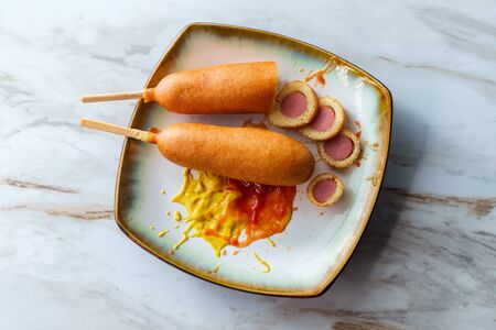 American fast-food cuisine messy corn dogの写真素材