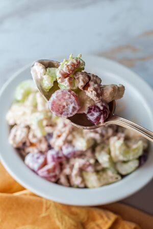 Walnut waldorf fruit salad with Greek yogurt grapes and sliced appleの写真素材