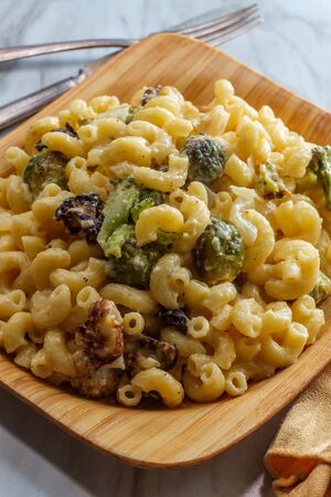 Veggie mac and cheese with roasted brussels sprouts broccoli and cauliflowerの写真素材