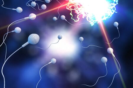 Swimming sperm race to impregnate a fertile human egg 3D digital illustration