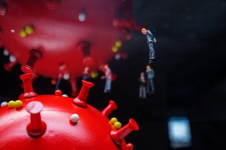 Businessmen ignore social distancing while standing in the presence of the deadly coronavirusの写真素材