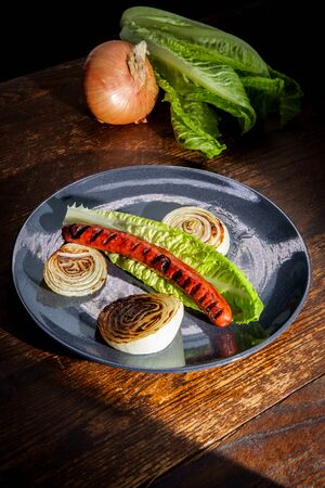 Fancy gourmet gluten-free lettuce wrap hot dog with grill marks and grilled onionsの写真素材