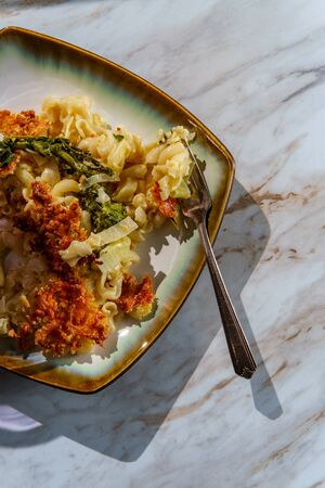 Broccoli rabe and leek mac and cheese with harsh sunlightの写真素材