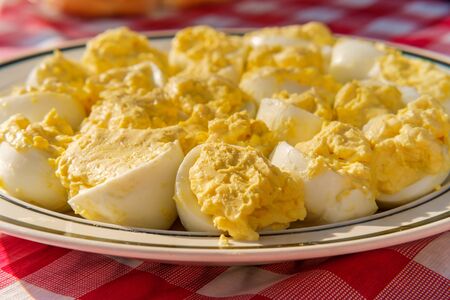 Stuffed Russian deviled eggs on picnic tablecloth