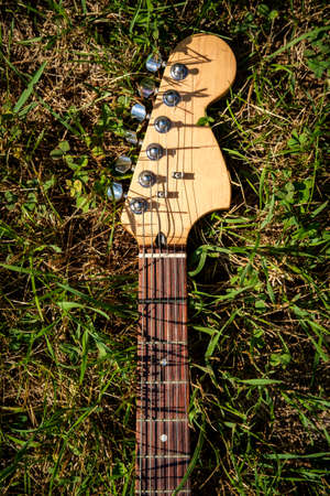 Blue electric guitar laying in grass on a sunny summer dayの写真素材
