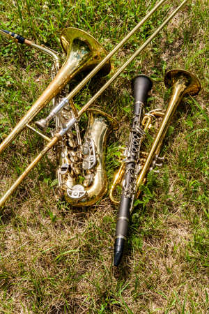 Musical instruments including trombone trumpet clarinet and saxophone lay in grassy field at music...