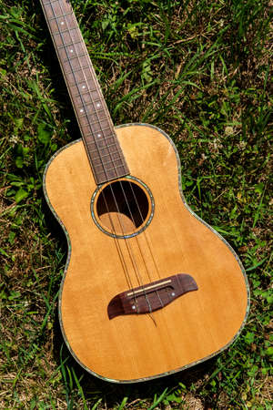 Acoustic baritone ukulele guitar laying in a grass field