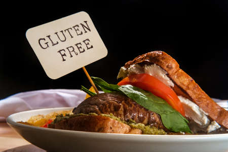 Portobello mushroom sandwich with goat cheese pesto and side of french friesの写真素材