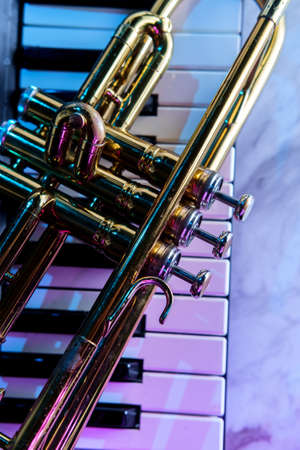 Old and worn Jazz trumpet and piano keyboard musical show and performanceの写真素材