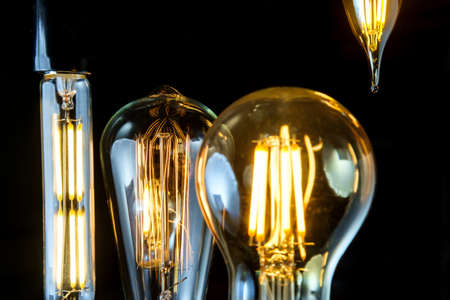 Many hanging decorative antique edison style lightbulbsの写真素材