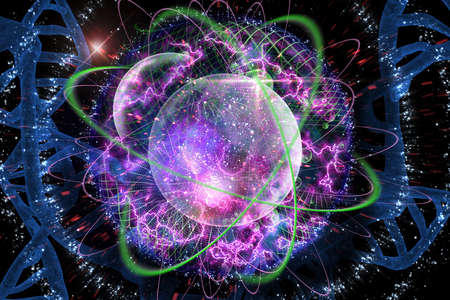 Close up of colorful atomic particle background science 3D illustration
