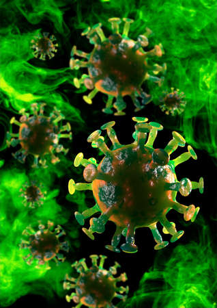 Airborne coronavirus cells with green deadly mist in the air 3D Illustrationの写真素材