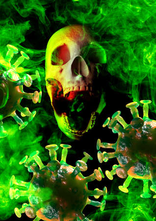 Screaming skull with dangerous coronavirus vapors and cells referencing the dangers of the global...