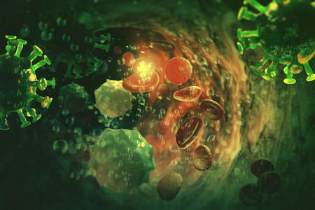 Blood stream coronavirus infection attacking immune system 3D Illustrationの写真素材