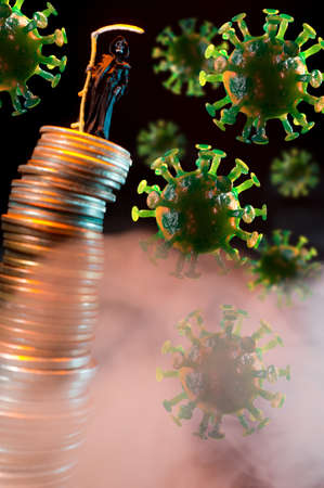 Grim reaper coronavirus stock market crash and recession conceptual metaphorの写真素材