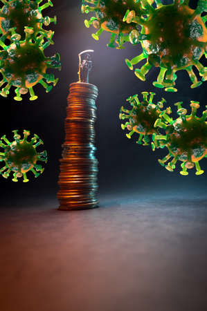 Grim reaper coronavirus stock market crash and recession conceptual metaphorの写真素材