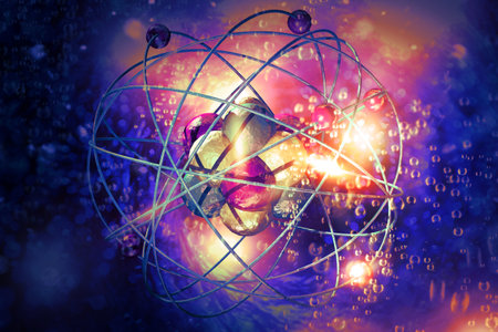Close up of colorful atomic particle background science 3D illustrationの写真素材