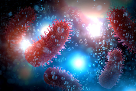 Pink rabies virus microscopic cells with pink background 3D Illustrationの写真素材