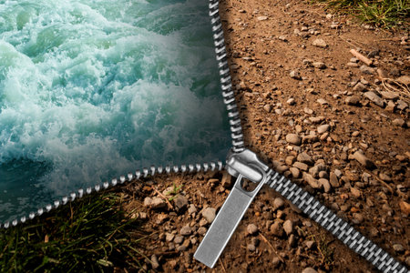 Dry dirt path versus waves in the ocean showing antonyms wet versus dry