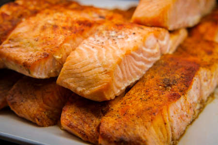 Grilled pink salmon on retail display at local market