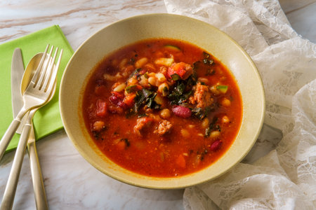 Hearty Italian minestrone soup with cavatappi pasta sausage and vegetablesの写真素材