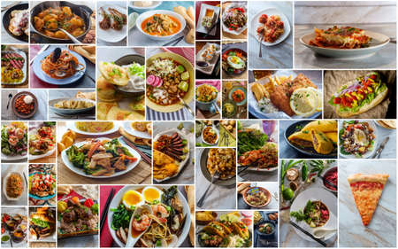 Collage of lots of popular worldwide dinner foods and appetizersの写真素材